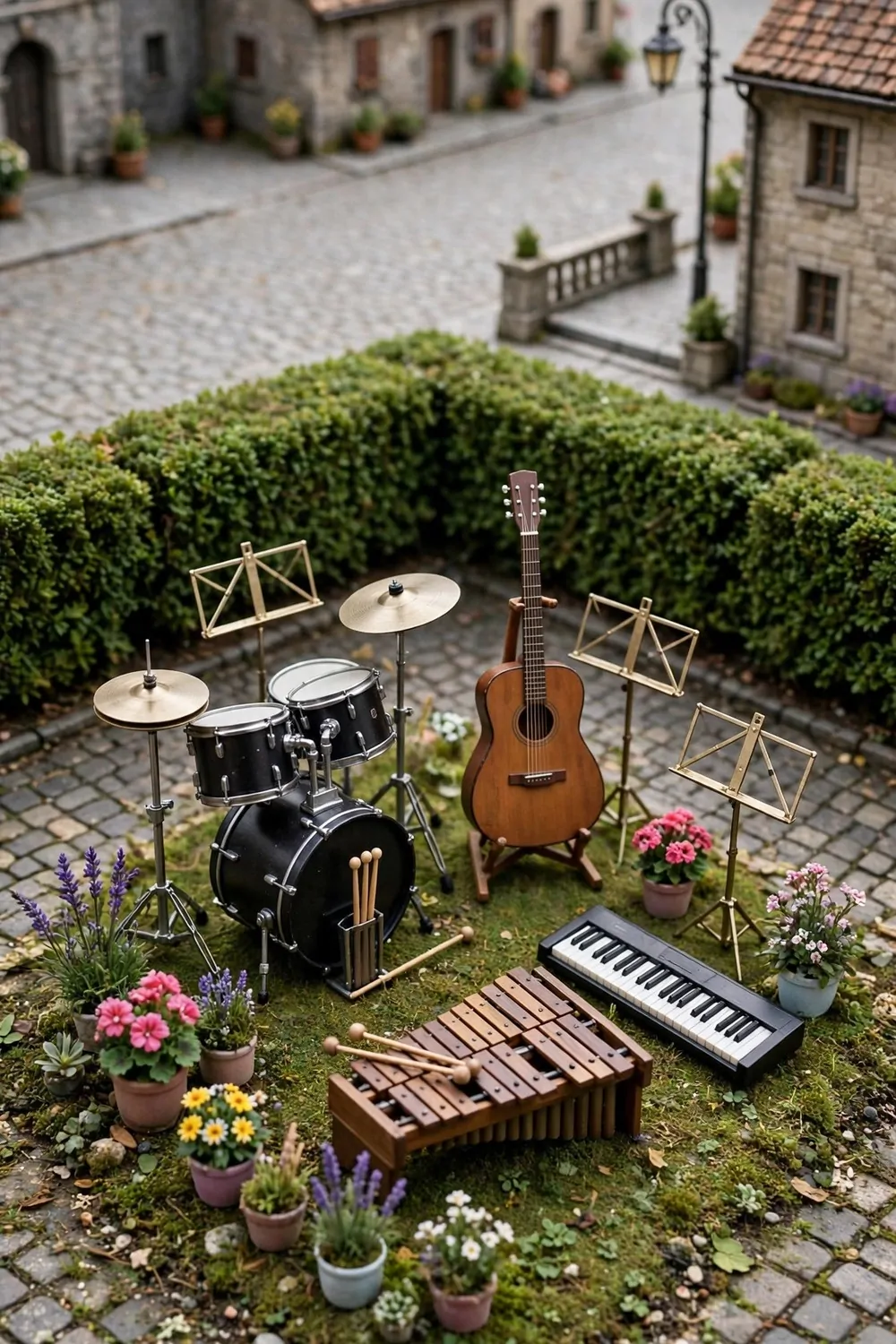 Musical instruments on grass at a plaza edge with music stands and flowers