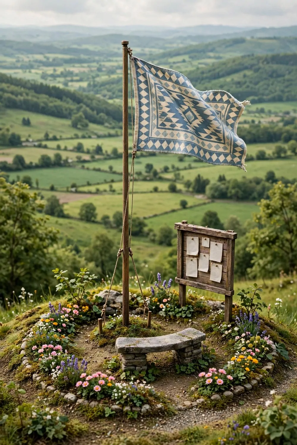 A tall flagpole with a patterned flag, bulletin board and stone bench on a small hill