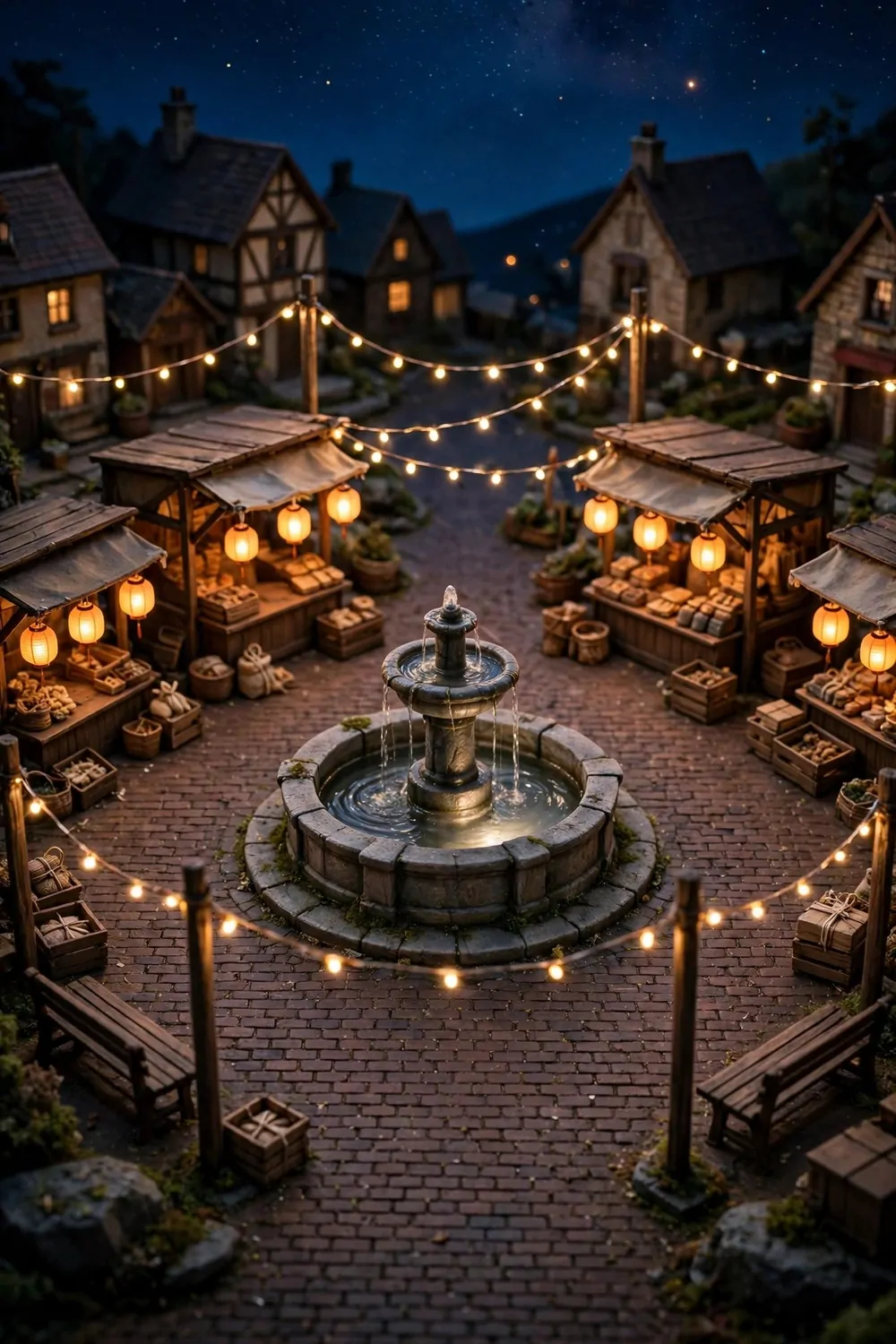A stone fountain glowing under fairy lights and lanterns in a night plaza