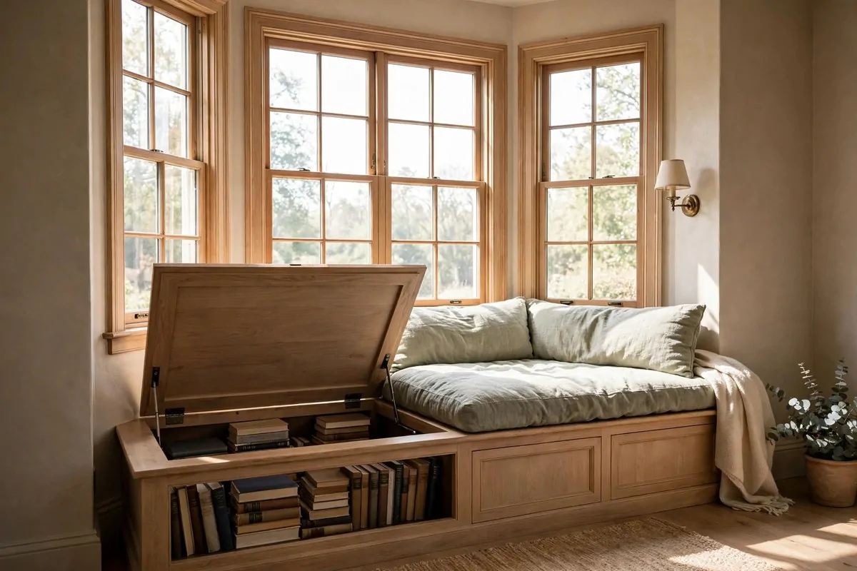 18 Bedroom Library Ideas Reading Corners Will Love 1 Bedroom bay window seat with hinged storage bench holding books and a cushion
