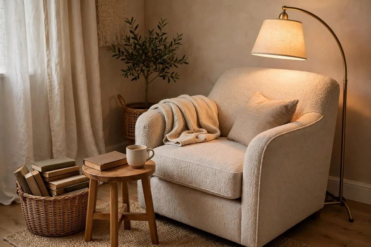 18 Bedroom Library Ideas Reading Corners Will Love 2 Cozy bedroom corner with armchair, arched floor lamp, side table and basket of books