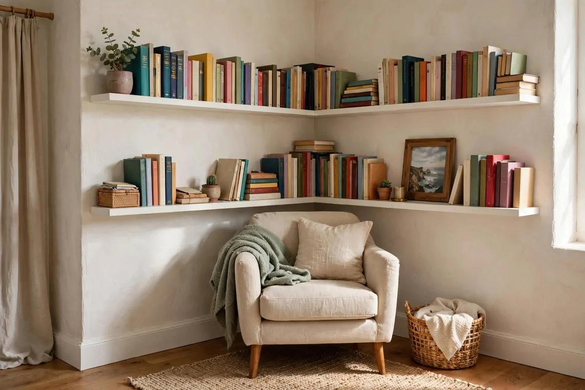 18 Bedroom Library Ideas Reading Corners Will Love 3 Bedroom corner with white floating shelves on two walls full of books above an armchair