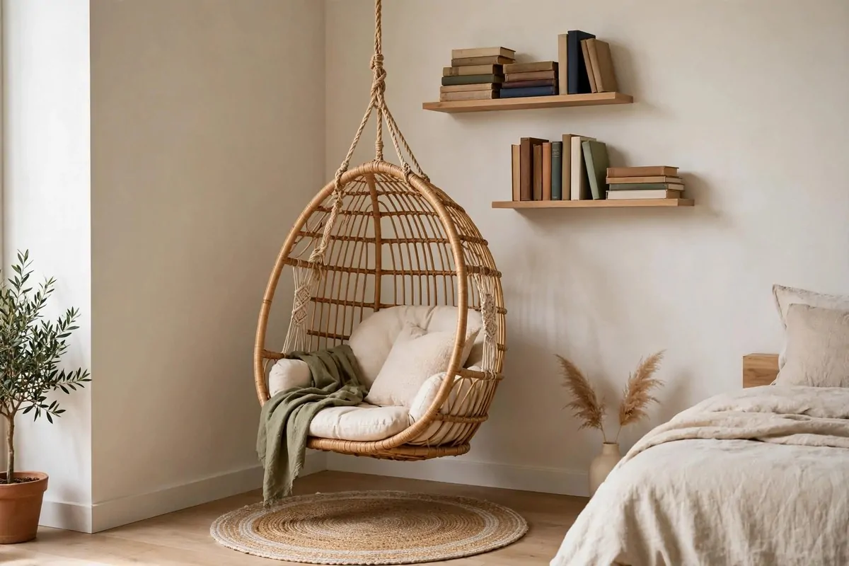 18 Bedroom Library Ideas Reading Corners Will Love 4 Rattan hanging egg chair in a bedroom corner with floating shelves of books above