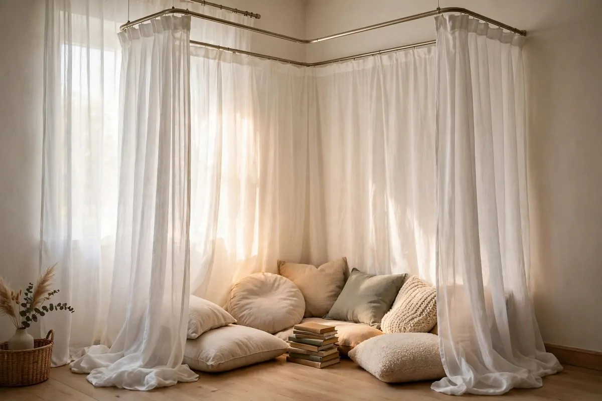 18 Bedroom Library Ideas Reading Corners Will Love 5 Bedroom corner with sheer white canopy curtain on ceiling track, cushions and books