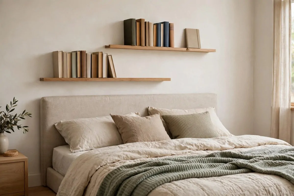 18 Bedroom Library Ideas Reading Corners Will Love 6 Bedroom with slim wooden book ledges above the headboard holding books
