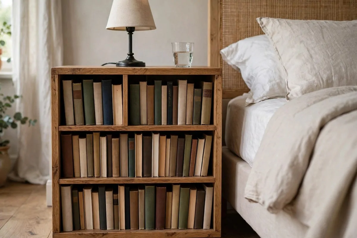 18 Bedroom Library Ideas Reading Corners Will Love 7 Wooden nightstand with open cubby shelves full of books beside a bed
