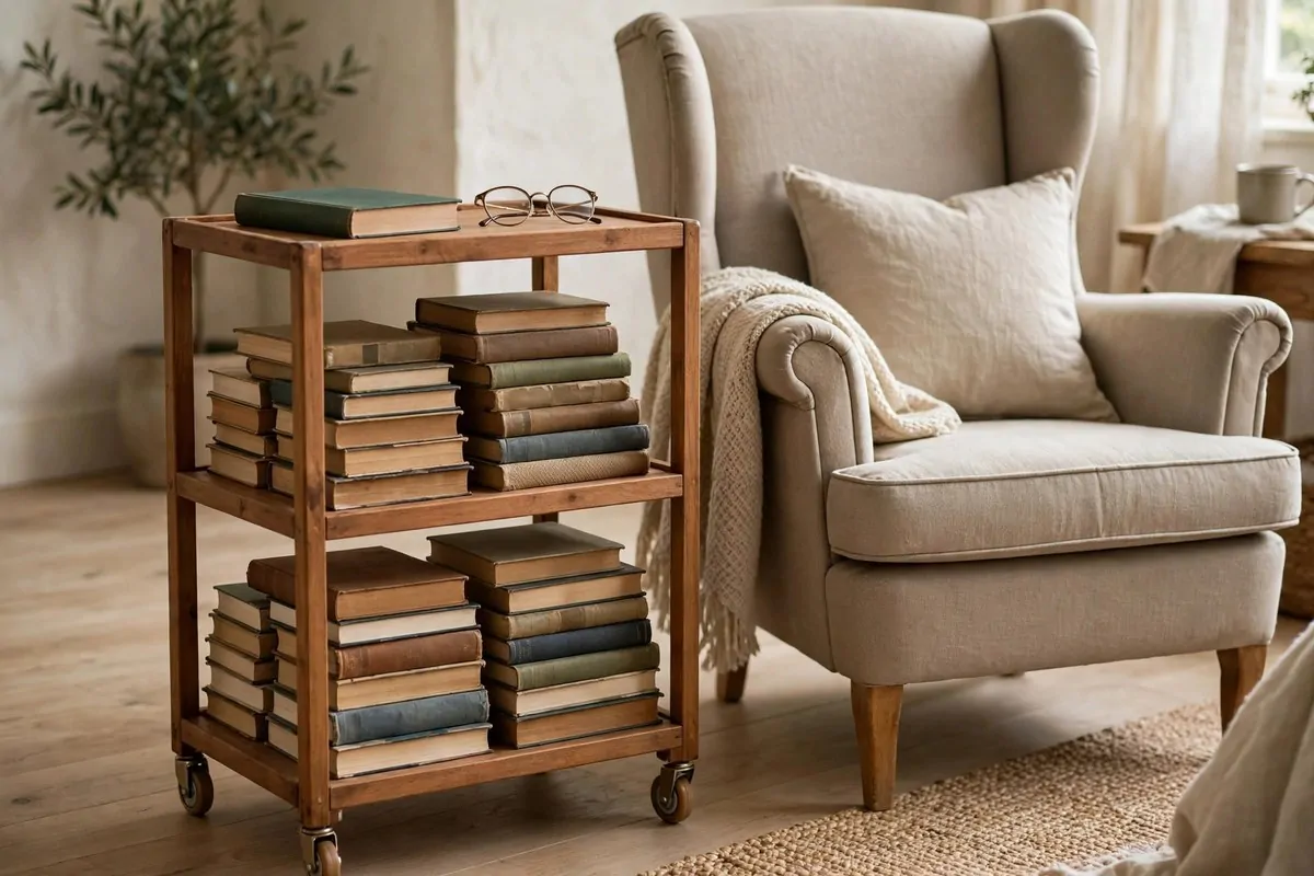 18 Bedroom Library Ideas Reading Corners Will Love 8 Small wooden three-tier rolling book cart with books beside a bedroom reading chair
