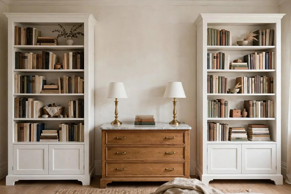 18 Bedroom Library Ideas Reading Corners Will Love 9 Bedroom wall with two tall white bookcases flanking a dresser with marble top and lamps