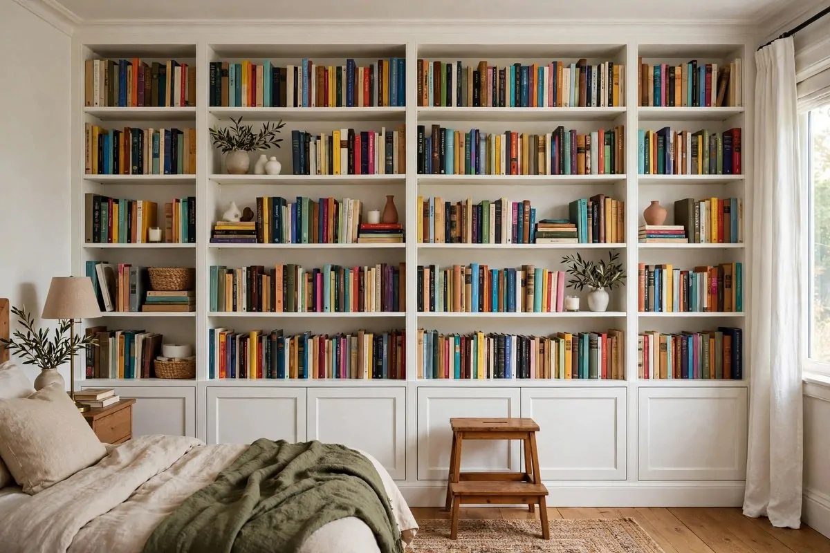 18 Bedroom Library Ideas Reading Corners Will Love 10 Bedroom with floor-to-ceiling built-in bookshelves covering one wall with a small ladder