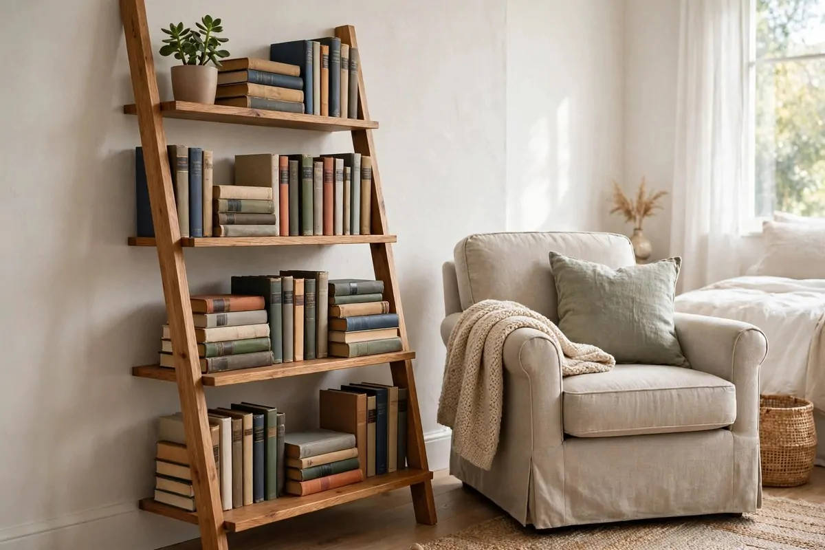 18 Bedroom Library Ideas Reading Corners Will Love 11 Wooden leaning ladder shelf full of books and a small plant beside an armchair in a bedroom