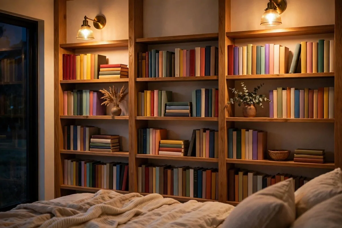 18 Bedroom Library Ideas Reading Corners Will Love 12 Bedroom bookshelves lit by warm brass wall sconces with an evening glow