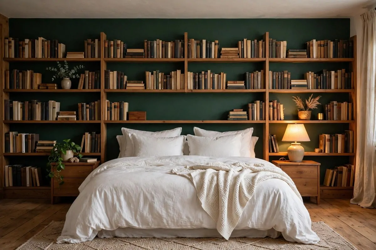 18 Bedroom Library Ideas Reading Corners Will Love 13 Bedroom with deep green accent wall behind wooden bookshelves making books stand out