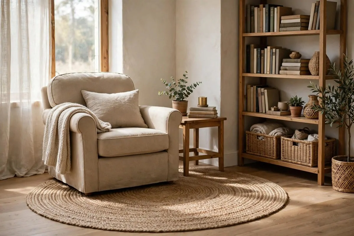 18 Bedroom Library Ideas Reading Corners Will Love 14 Round jute rug under an armchair and side table in a bedroom corner with books