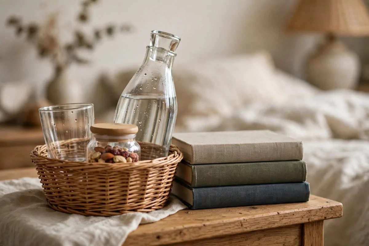 18 Bedroom Library Ideas Reading Corners Will Love 15 Small wicker basket with books, a water carafe and snacks on a bedroom side table