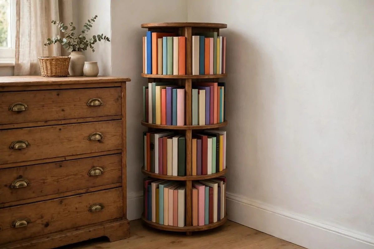 18 Bedroom Library Ideas Reading Corners Will Love 16 Small round spinning wooden bookshelf tower full of books in a tight bedroom corner
