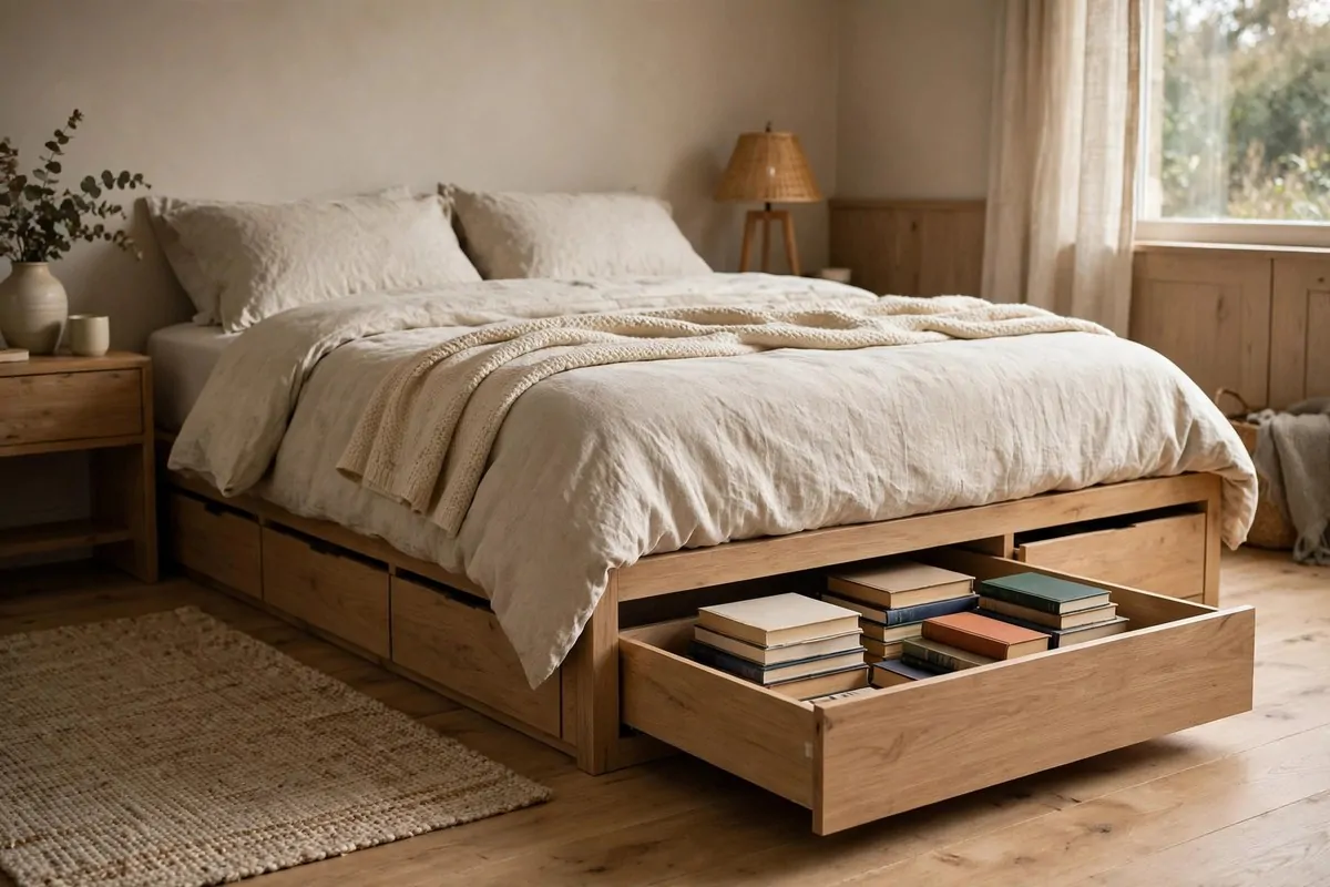 18 Bedroom Library Ideas Reading Corners Will Love 17 Bedroom bed with pull-out under-bed drawers holding neatly stacked books