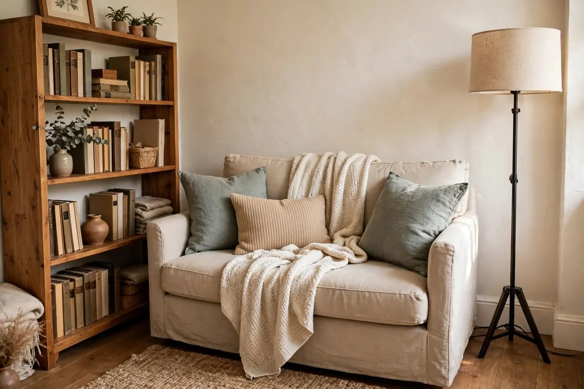 18 Bedroom Library Ideas Reading Corners Will Love 18 Small loveseat with cushions and a throw in a bedroom corner beside a bookshelf