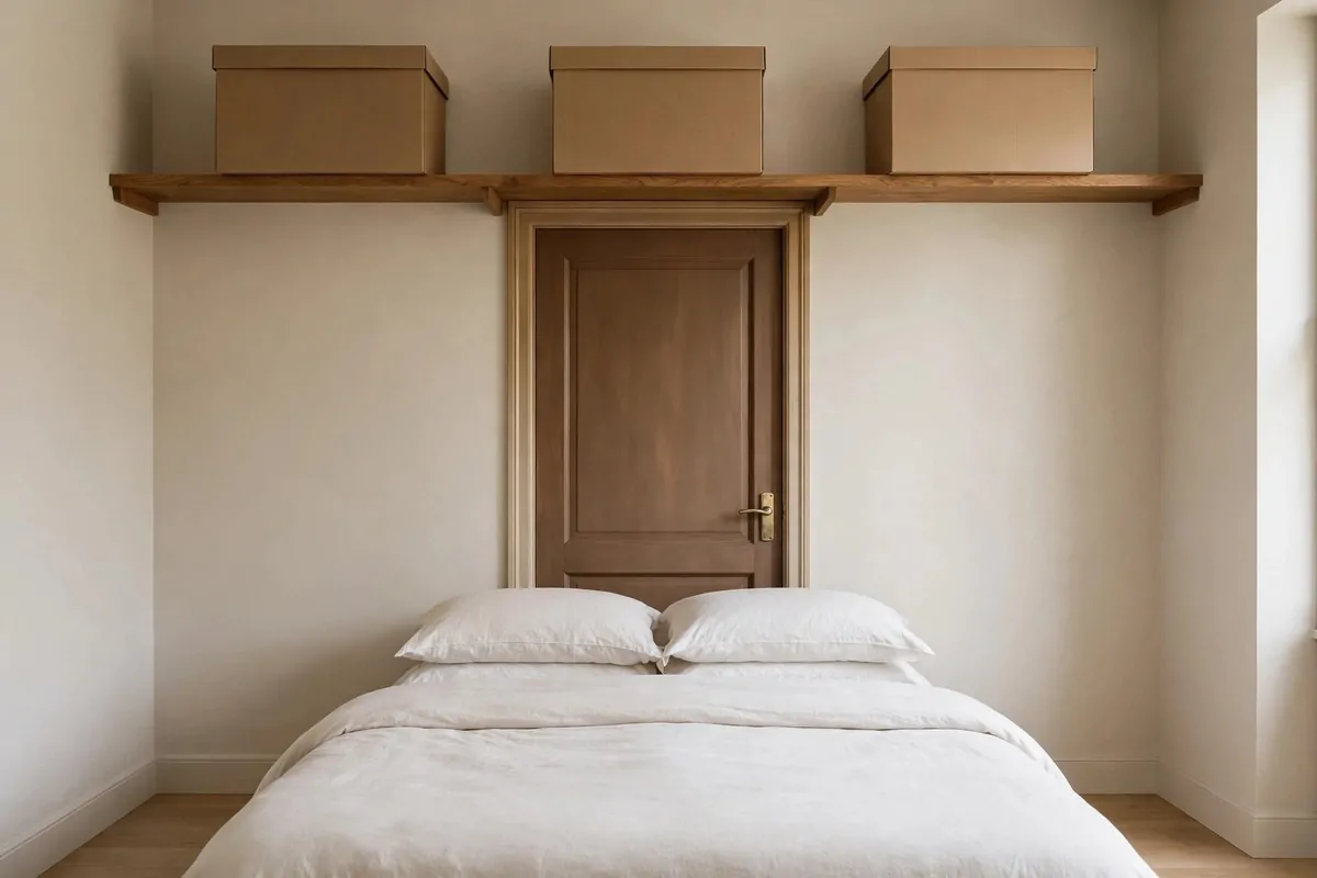 18 Bedroom Office Combo Layout Ideas That Maximize Space 1 A long shelf above a bedroom door holding three plain labelled boxes, made bed below, clear floor