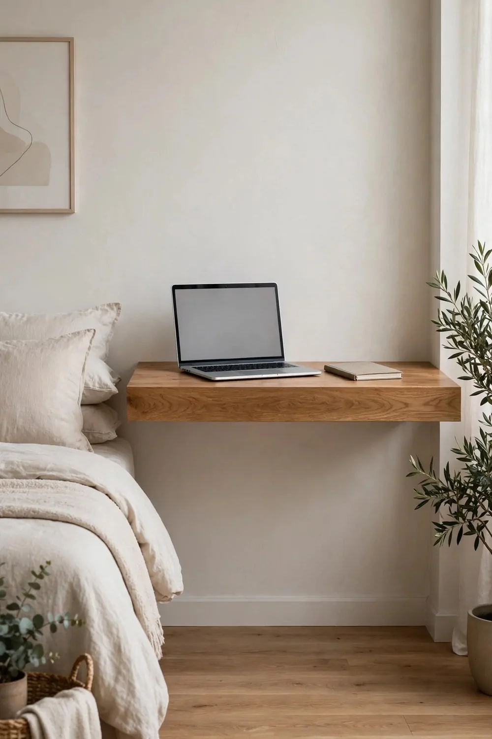 18 Bedroom Office Combo Layout Ideas That Maximize Space 2 A floating wooden desk on a bedroom wall with no legs, laptop and notebook on top, clear floor below, made bed nearby