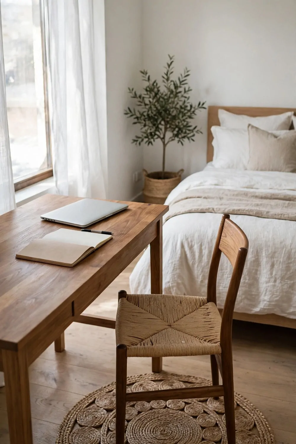 18 Bedroom Office Combo Layout Ideas That Maximize Space 3 A wooden desk turned at a diagonal angle across a bedroom corner, chair facing out into the room toward a made bed, laptop and notebook on the desk