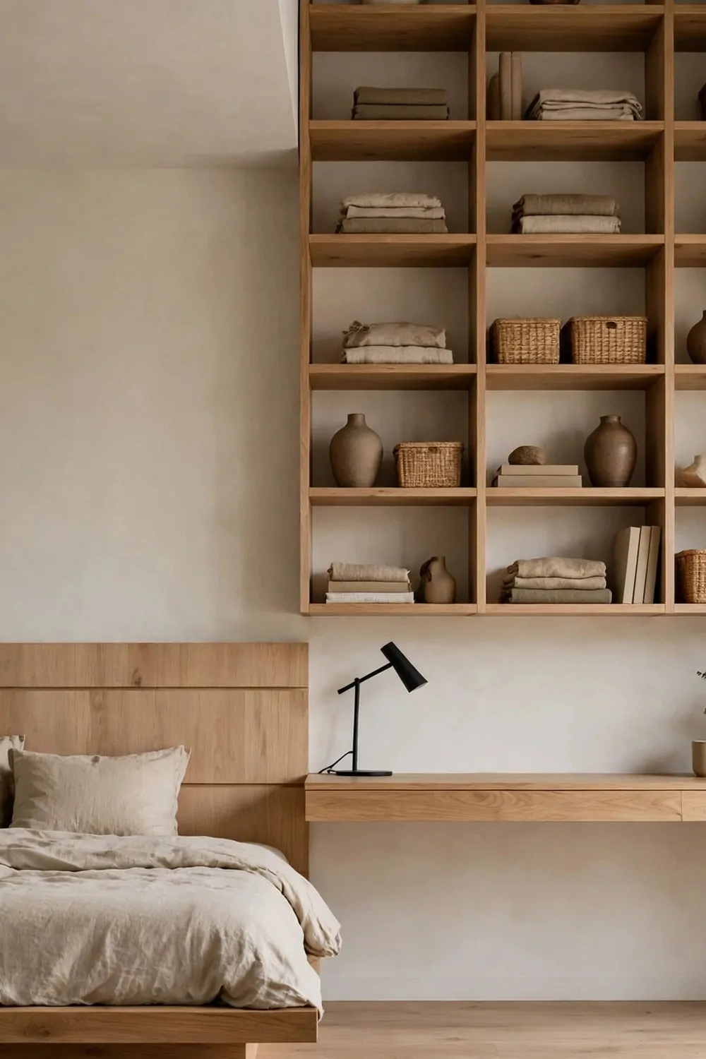 18 Bedroom Office Combo Layout Ideas That Maximize Space 4 A bedroom wall stacked in zones, bed low, floating desk at waist height, shelves climbing above the desk to the ceiling