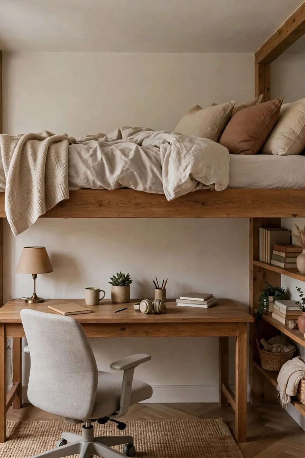 18 Bedroom Office Combo Layout Ideas That Maximize Space 5 A raised bed in a bedroom with a desk and chair tucked underneath it, small lamp on the desk, shelves beside