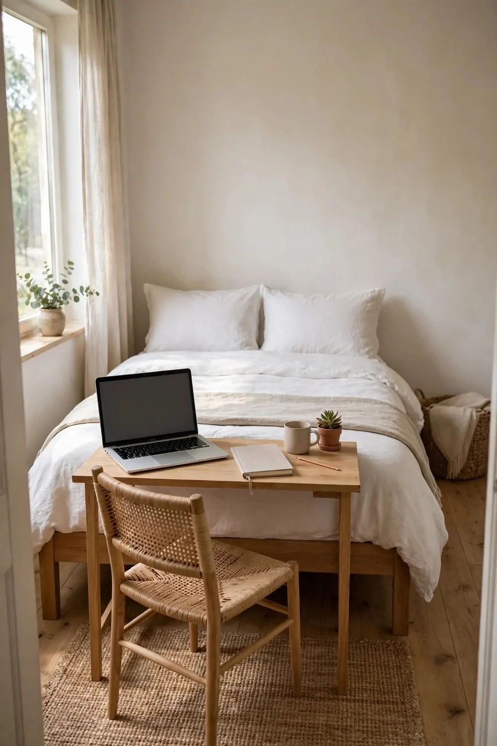 18 Bedroom Office Combo Layout Ideas That Maximize Space 6 A slim narrow desk at the foot of a made bed in a small bedroom, laptop and notebook on top, chair slid under