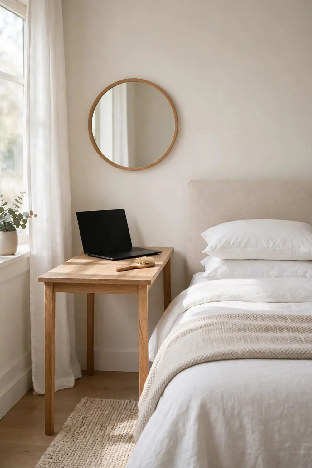 18 Bedroom Office Combo Layout Ideas That Maximize Space 7 One slim wooden table beside a made bed in a bedroom, mirror on the wall above, brush and laptop on top
