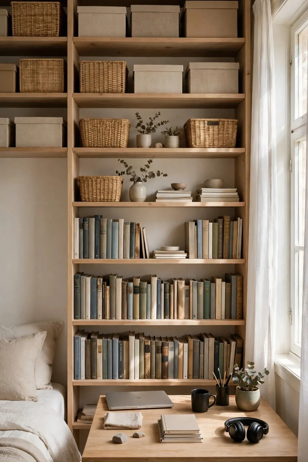 18 Bedroom Office Combo Layout Ideas That Maximize Space 8 Tall wooden shelves climbing a bedroom wall above a desk, books on the lower shelves and plain boxes on the top shelves, laptop on the desk below