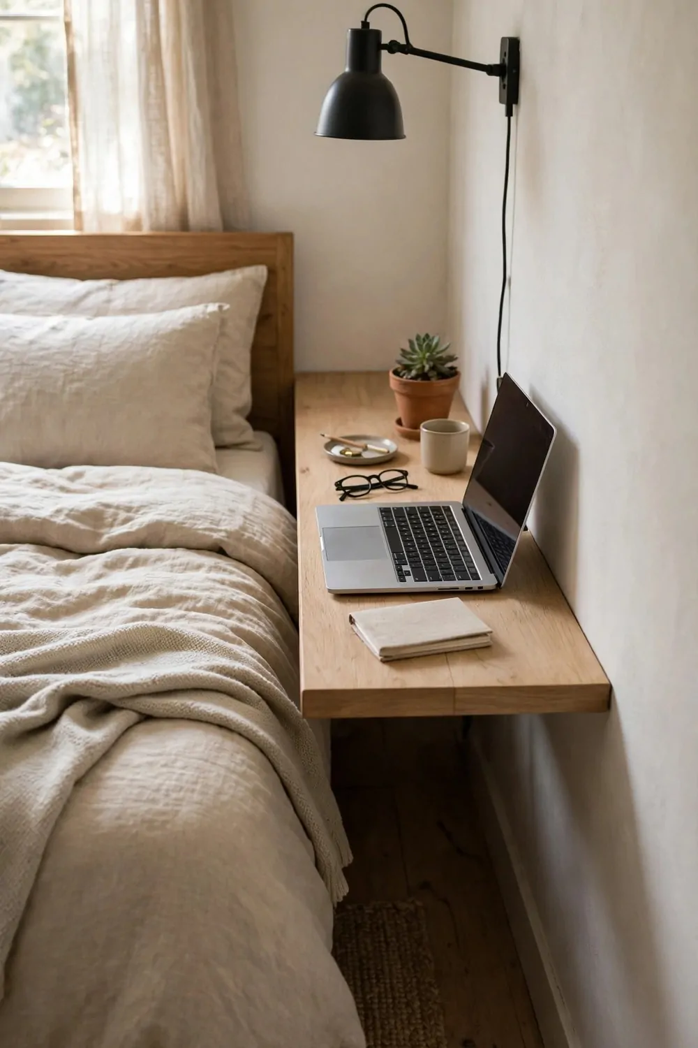 18 Bedroom Office Combo Layout Ideas That Maximize Space 9 A narrow desk fitted into the gap between a bed and a wall in a small bedroom, laptop on top, lamp on the wall above