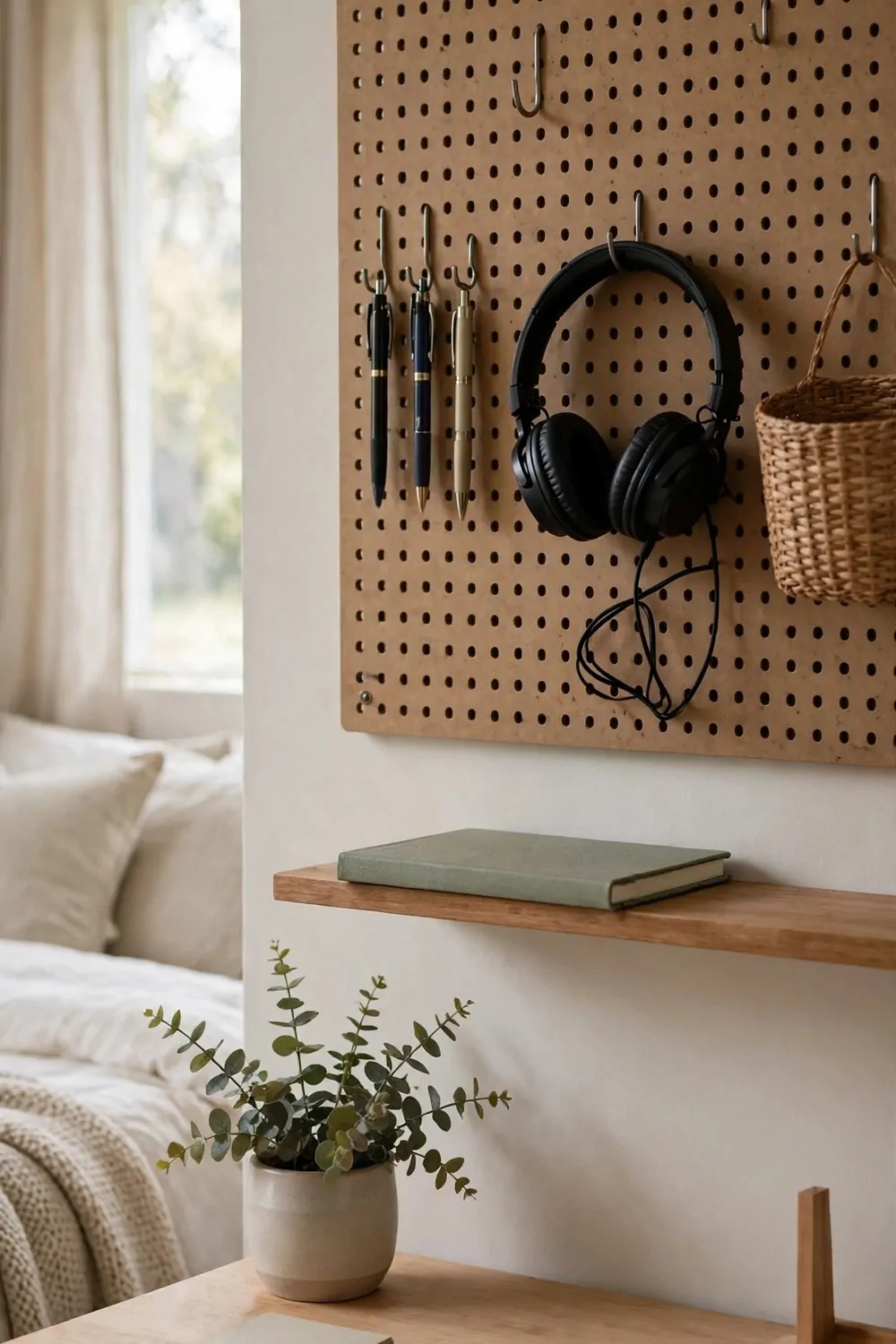 18 Bedroom Office Combo Layout Ideas That Maximize Space 10 A pegboard wall above a desk in a bedroom, hooks holding pens, headphones and a small basket, notebook on a little shelf