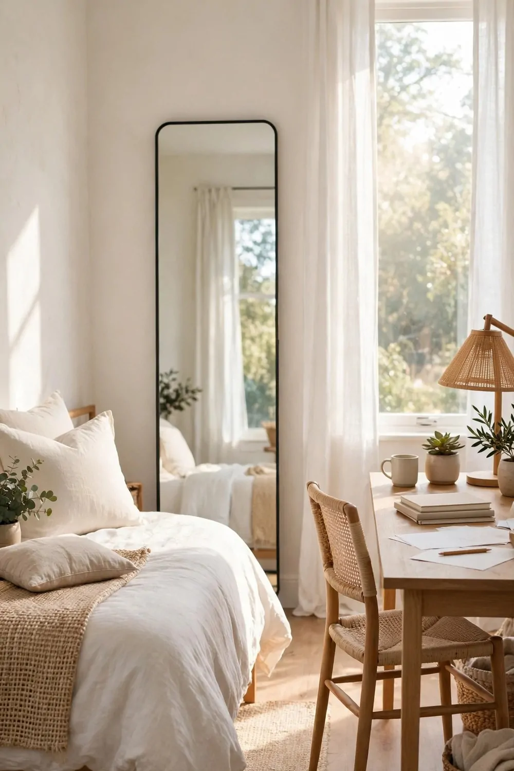 18 Bedroom Office Combo Layout Ideas That Maximize Space 11 A tall mirror on a bedroom wall opposite a window, morning light bouncing across the room, bed and desk on either side