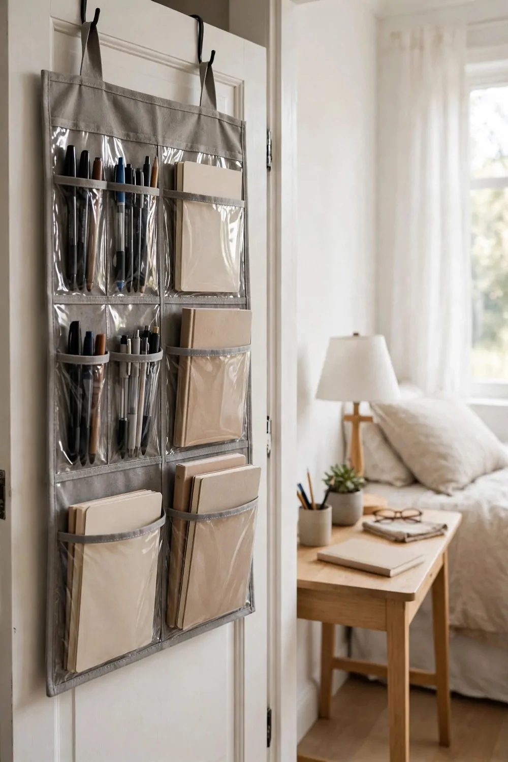 18 Bedroom Office Combo Layout Ideas That Maximize Space 12 The inside of a closet door in a bedroom with a hanging pocket organizer, pens and notebooks in clear pockets, desk nearby