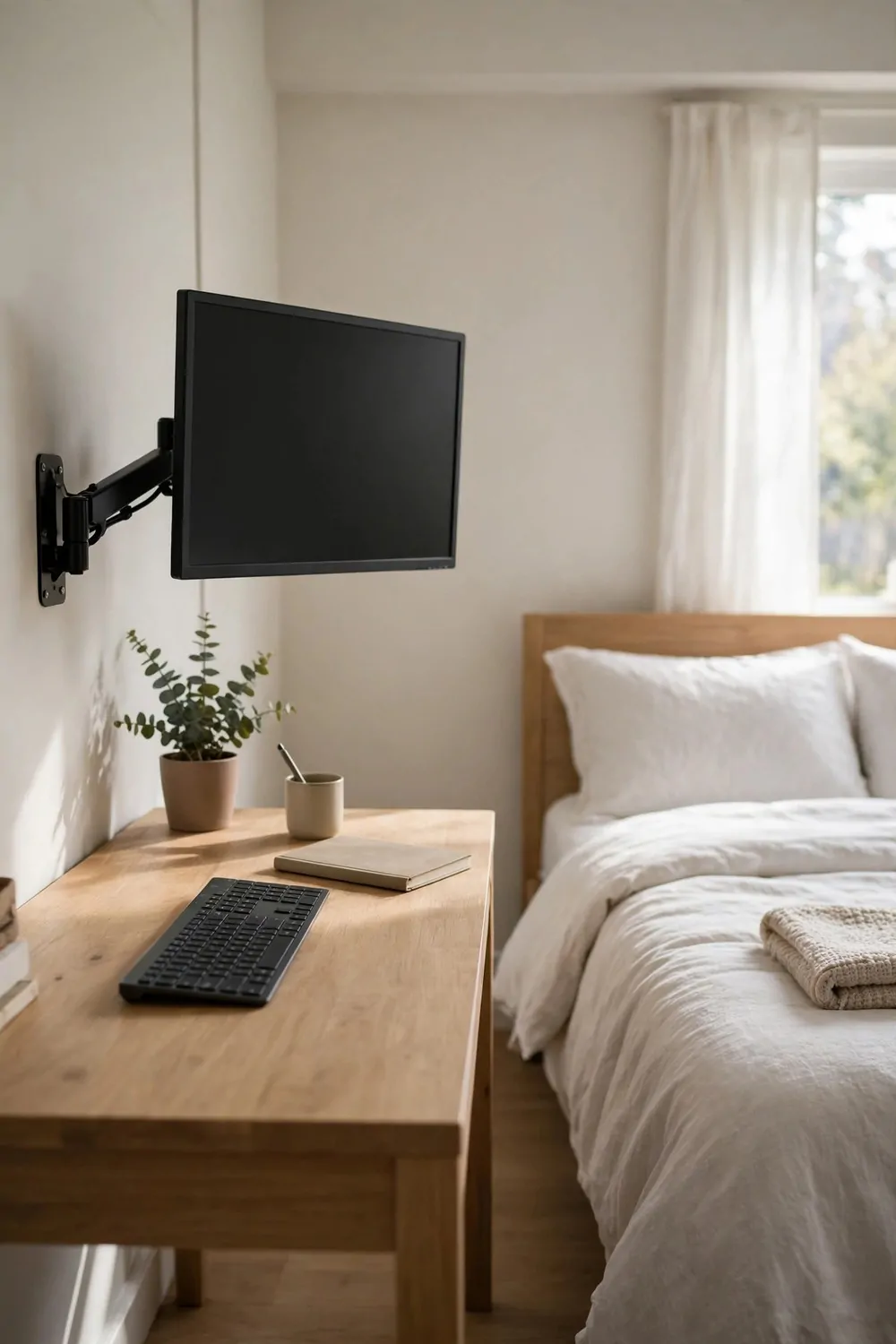 18 Bedroom Office Combo Layout Ideas That Maximize Space 13 A computer screen mounted on a wall arm above a desk in a bedroom, keyboard and notebook on the clear desk top