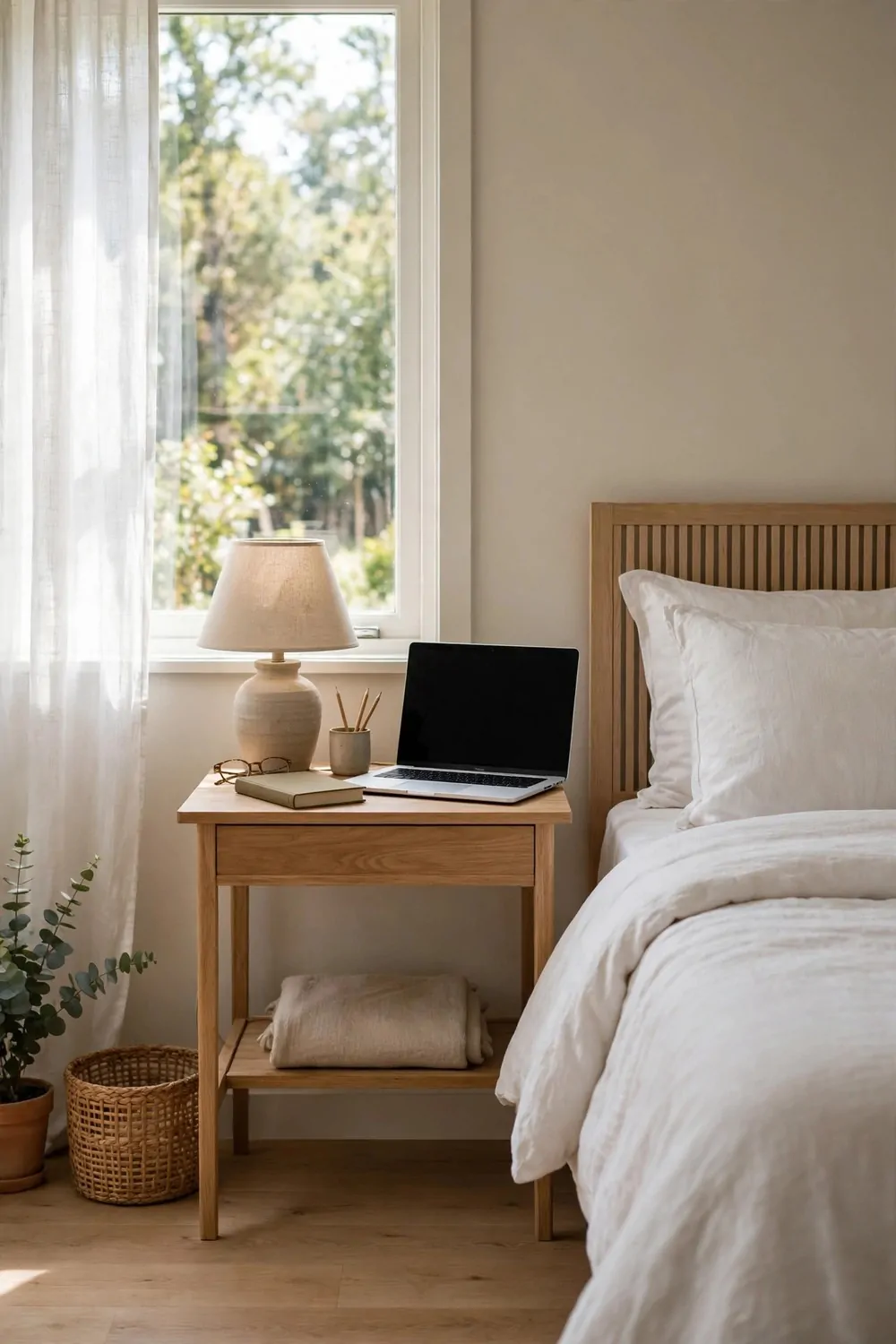 18 Bedroom Office Combo Layout Ideas That Maximize Space 14 A small desk standing where a nightstand used to stand beside a made bed, lamp and book on top, laptop beside
