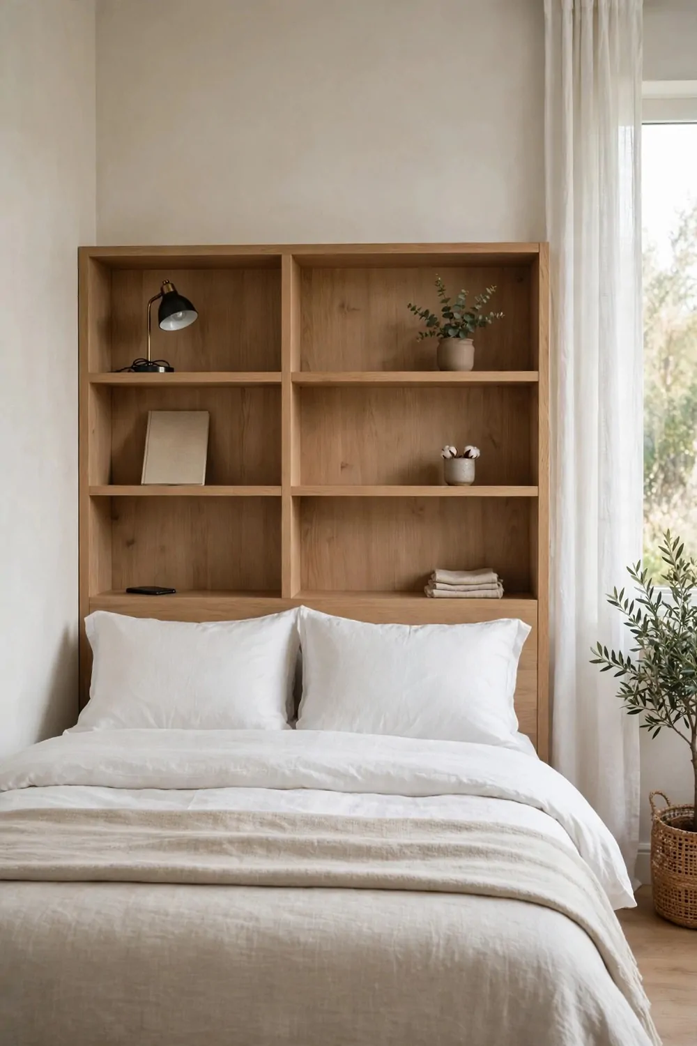 18 Bedroom Office Combo Layout Ideas That Maximize Space 15 A headboard with built-in shelves behind a made bed in a bedroom, notebook and phone on the shelves, small lamp