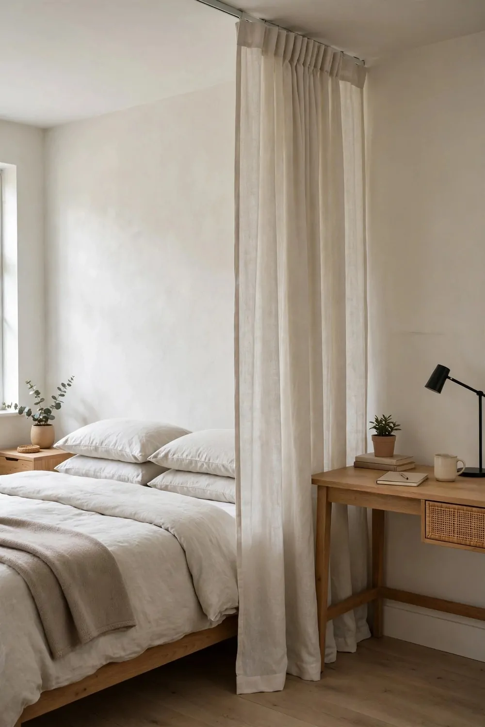 18 Bedroom Office Combo Layout Ideas That Maximize Space 16 A pale curtain hanging from a ceiling rail between a bed and a desk in a bedroom, pulled halfway across