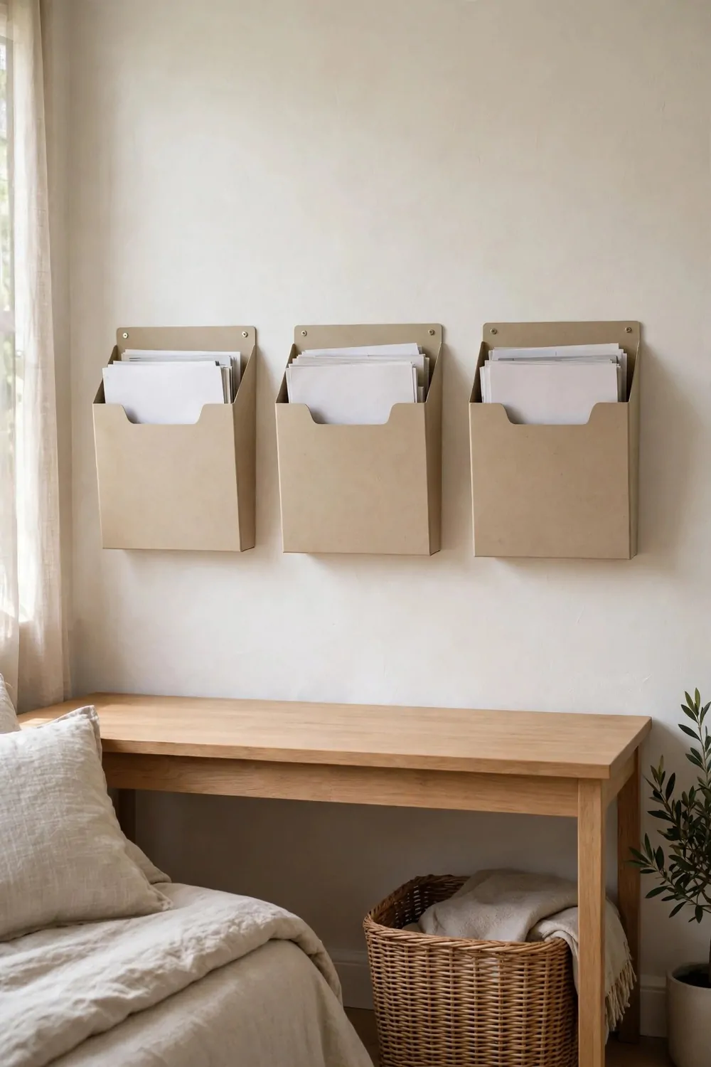 18 Bedroom Office Combo Layout Ideas That Maximize Space 17 Three magazine files screwed to a wall above a desk in a bedroom, papers inside, clear desk top below
