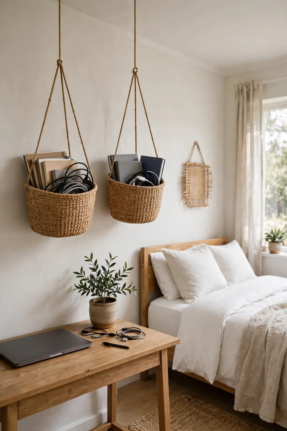 18 Bedroom Office Combo Layout Ideas That Maximize Space 18 Two hanging baskets on short cords from a bedroom ceiling above a desk, notebooks and cables inside, made bed nearby