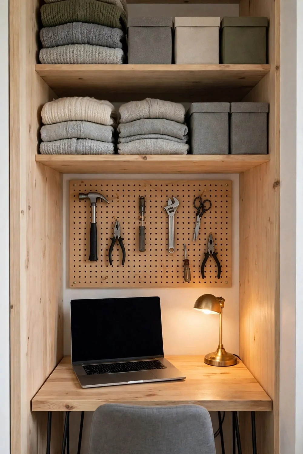A light wood desk on black hairpin legs holding a laptop with a blank dark screen and a glowing brass lamp, with a pegboard panel above holding a hammer, pliers, scissors and a wrench, and shelves above holding folded knitwear and plain fabric boxes.