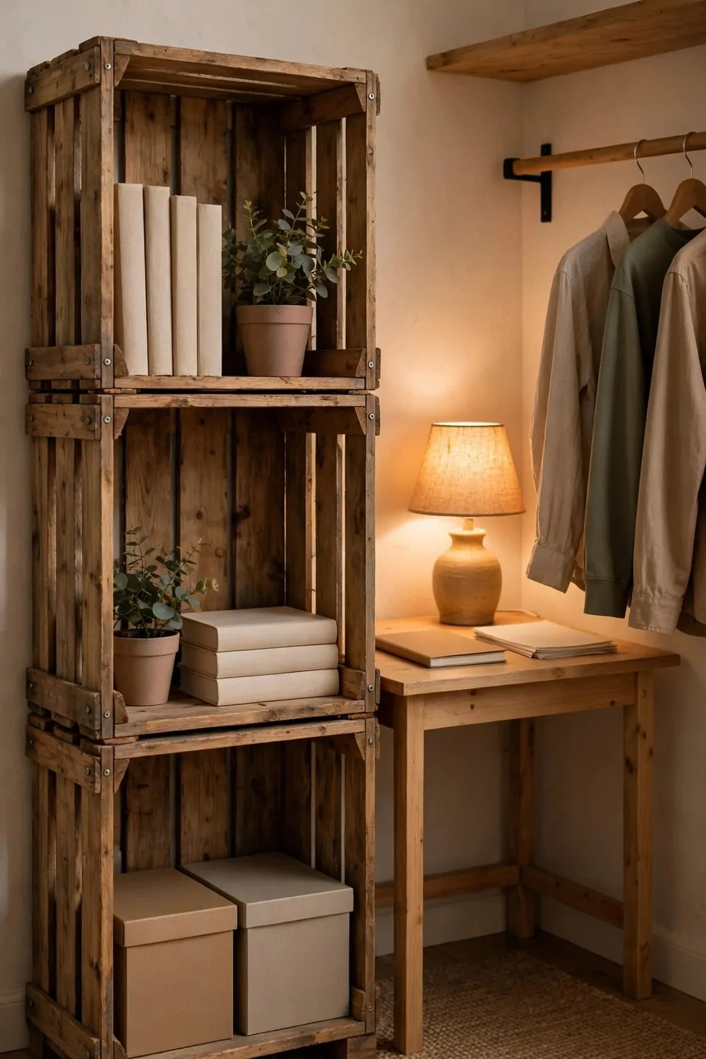 A tall tower of three stacked rustic wooden crates holding plain blank-spined books, potted plants and plain storage boxes, beside a small wooden desk with a glowing lamp and blank papers, with plain clothes hanging on a rail nearby.
