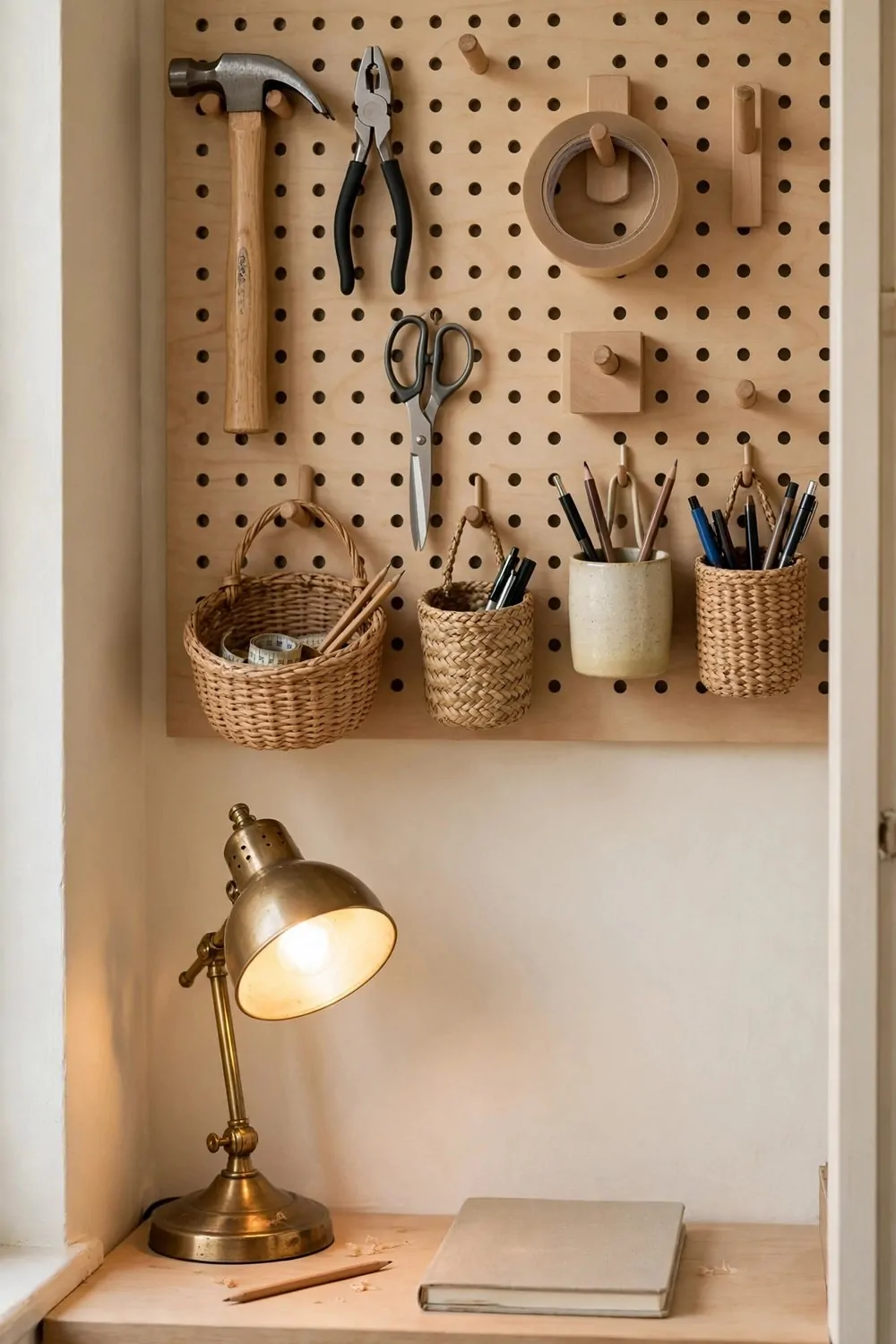 A light wood pegboard wall above a desk holding a hammer, pliers, scissors, a roll of tape and woven baskets with pens and pencils, with a glowing brass lamp and a closed blank notebook on the desk below.