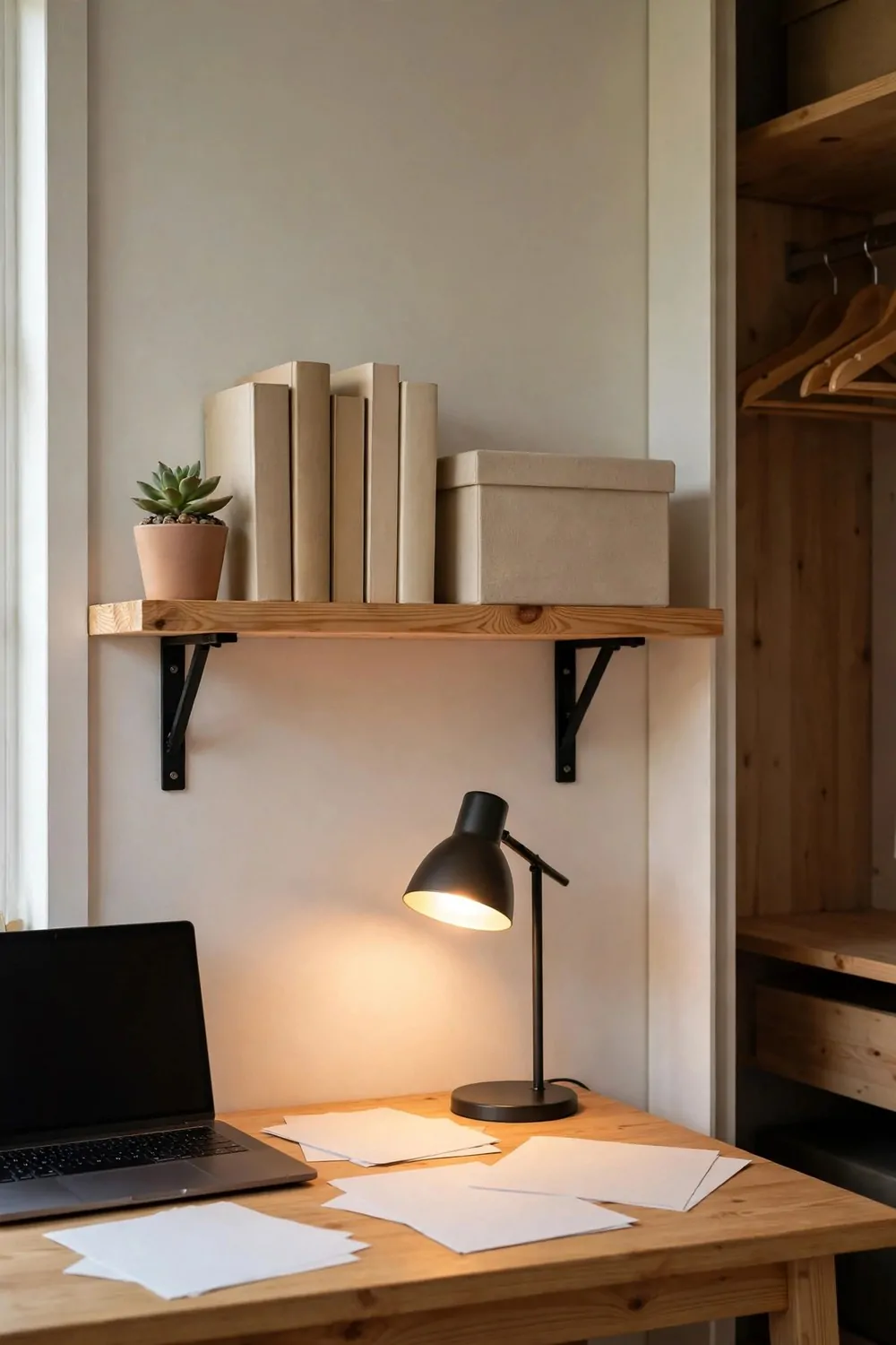 A single pine plank shelf on black metal brackets above a desk, holding plain blank-spined books, a small potted succulent and a plain storage box, with a laptop with a blank dark screen, a glowing black desk lamp and blank papers on the desk below.