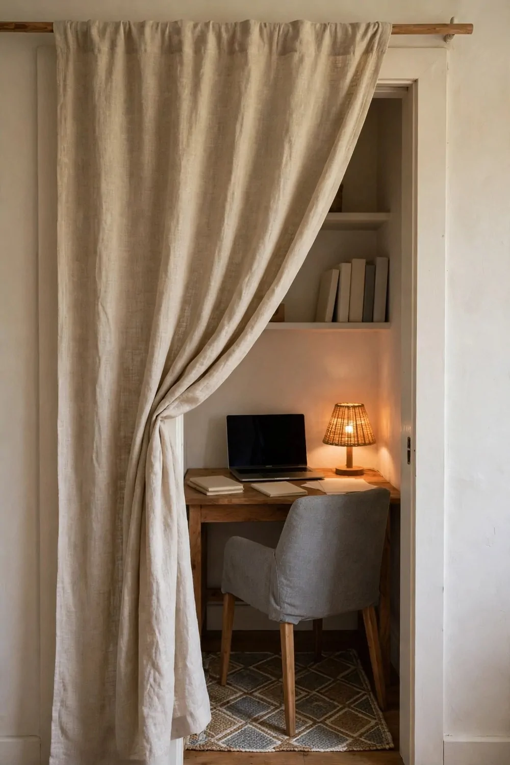 A beige linen curtain tied back on a wooden rod across a closet doorway, revealing a small wooden desk with a laptop with a blank dark screen, a glowing woven lamp and blank notebooks, with a grey fabric chair on a patterned rug.