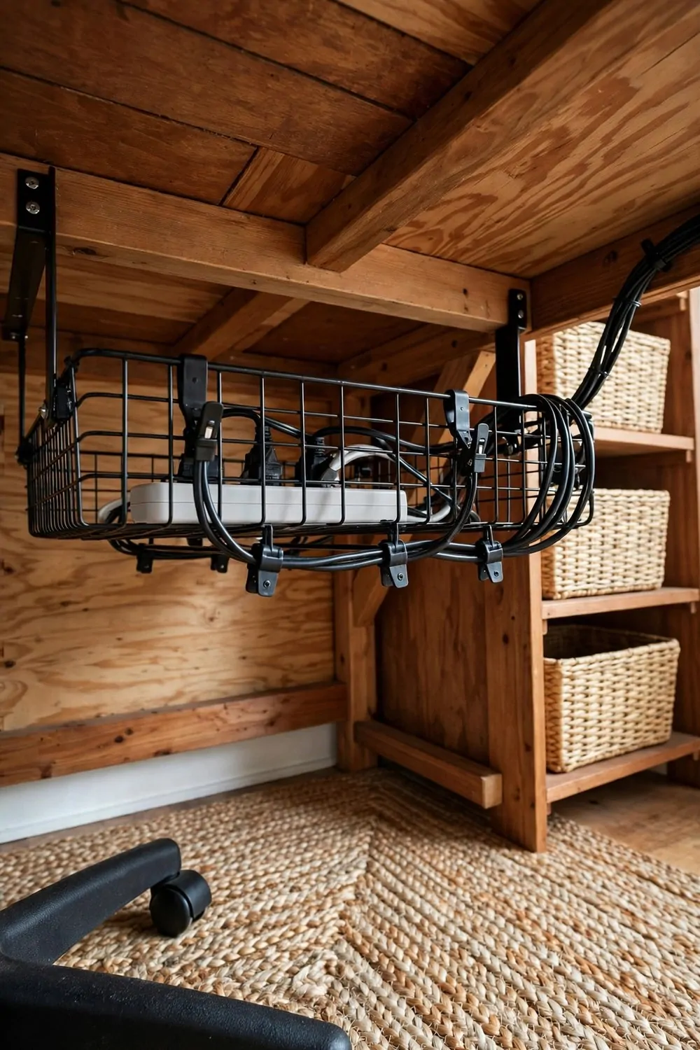A black wire cable tray fixed under a wooden desk holding a white power strip and neatly clipped black cables, with woven baskets on wooden shelves beside it and a chair base with wheels on a woven jute rug below.
