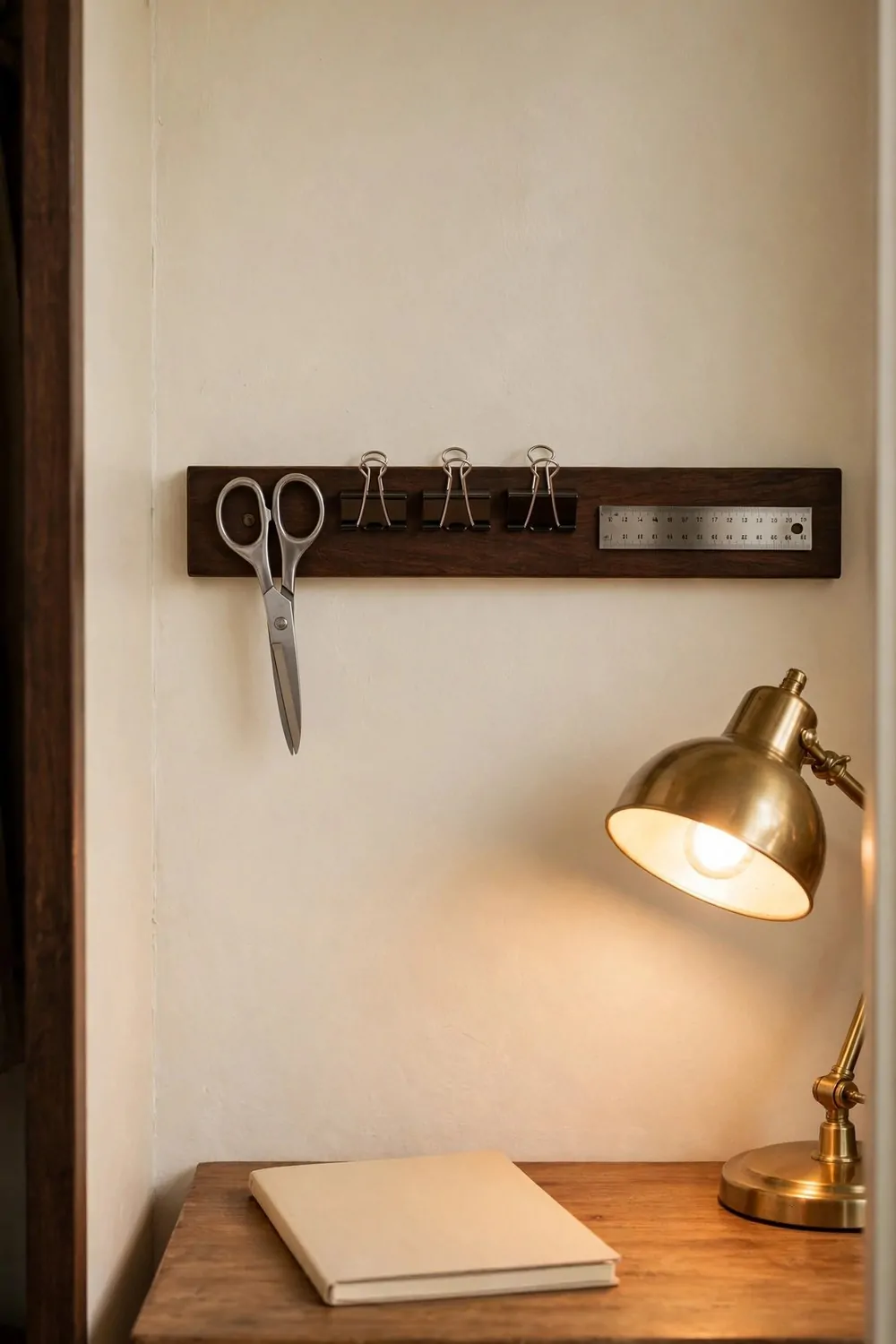 A dark wooden magnetic strip on a cream wall holding scissors, binder clips and a small metal ruler, above a wooden desk with a closed blank notebook and a glowing brass lamp.