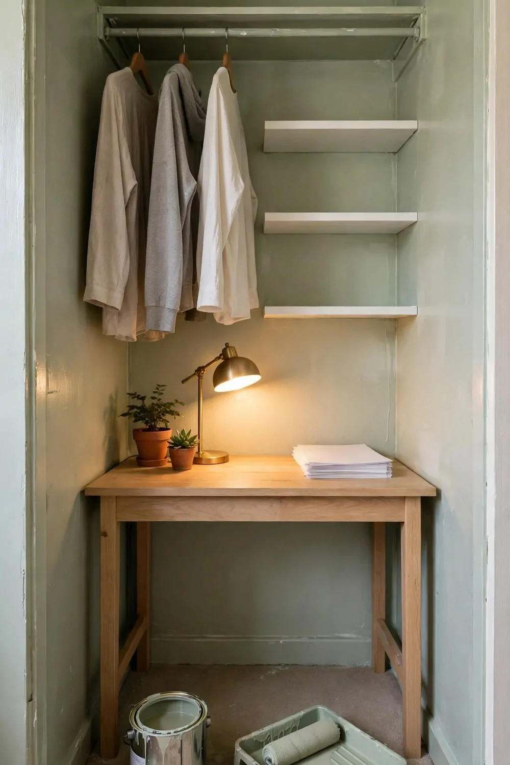 A freshly painted pale sage green closet interior with a light wood desk holding a glowing brass lamp, potted plants and a stack of blank papers, white shelves above, plain clothes hanging on a rail, and an open paint tin with a roller tray on the floor.