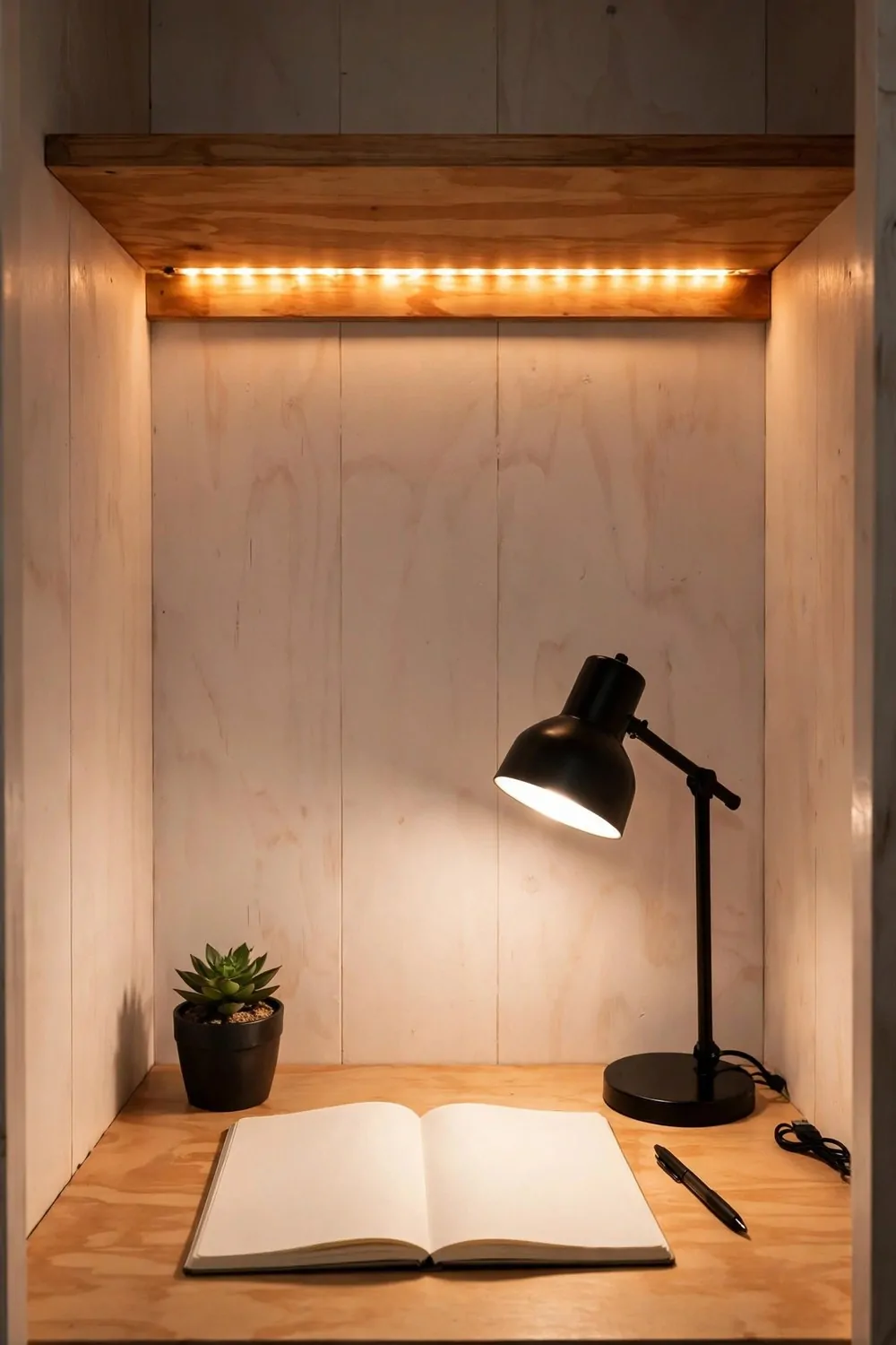 A warm LED strip glowing under a wooden shelf above a closet desk, with a black desk lamp shining over an open blank notebook, a pen and a small potted succulent on the desk, against pale plywood walls.