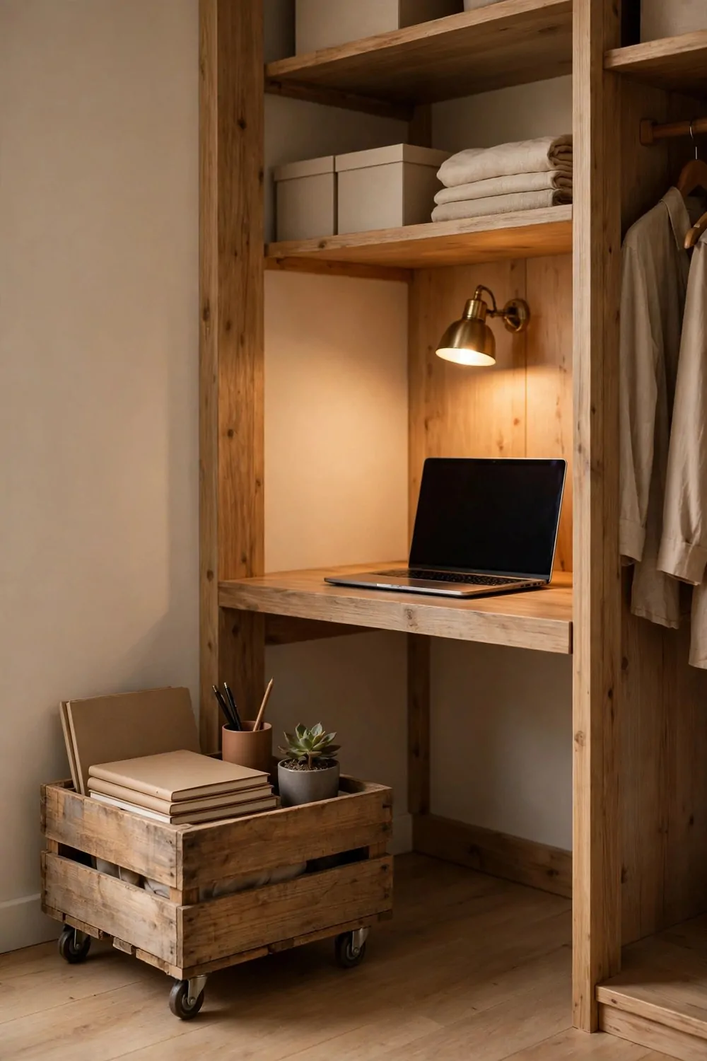 A rustic wooden crate on caster wheels holding a stack of blank notebooks, a pen cup and a small potted succulent, beside a wooden closet desk with a laptop with a blank dark screen and a brass wall lamp, with shelves and hanging clothes nearby.