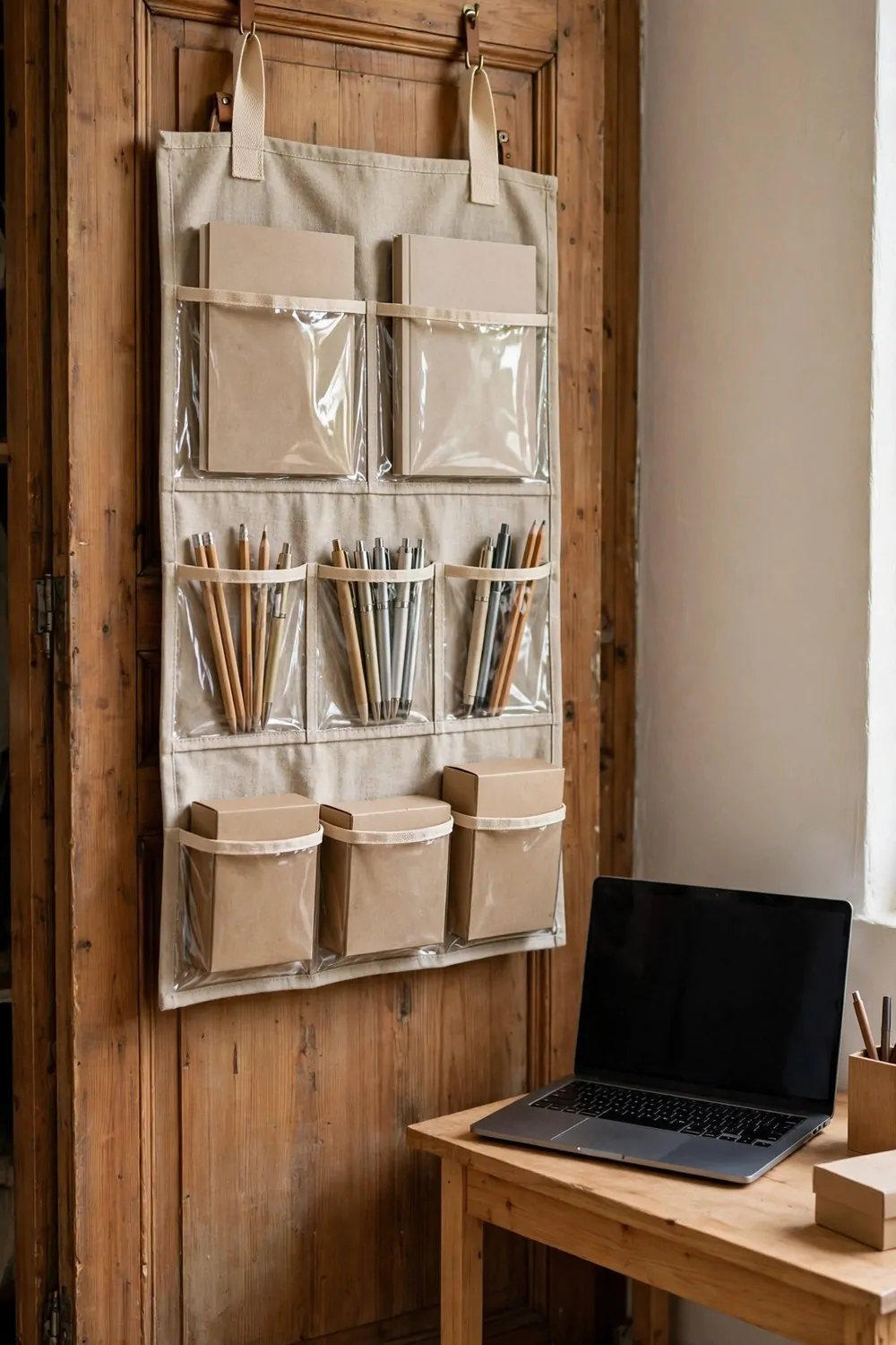 A fabric hanging organizer with clear pockets holding blank notebooks, pens and plain boxes, hung on a wooden door beside a small wooden desk with a laptop with a blank dark screen.